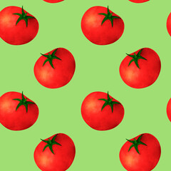 Red tomato, watercolor seamless pattern, on black background. For prints on textile and paper, clothes, plates and dishes design, decoration for kitchen, restaurant menus, recipes, cookbook