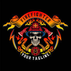 firefighter logo. skull element wearing a helmet on the head with crossed axs, firefighter vector design