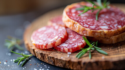 collage: colorfully decorated cold cuts on a wooden background. Business project.