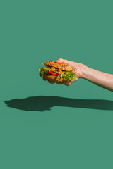 Close-up on a sandwich in a female hand on a green background