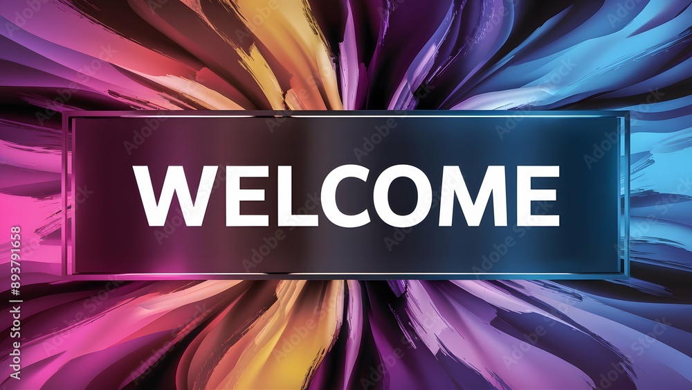 Poster a vibrant and colorful welcome sign. the word 'welcome' is prominently displayed in white, set again
