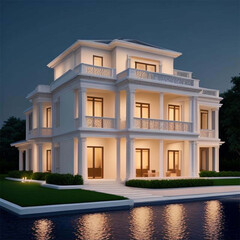 Modern and Luxury white duplex villa night view