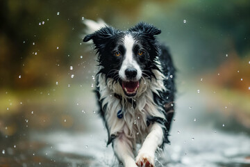 Fototapeta premium Wet border collie dog is running, water is dripping