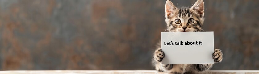 Cute kitten holding a sign that reads 'Let's talk about it' with a blurred background. Adorable pet communication idea.