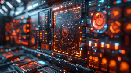 Fototapeta premium A futuristic neon AI interface with glowing holographic elements, showcasing advanced technology in a sleek, dark environment