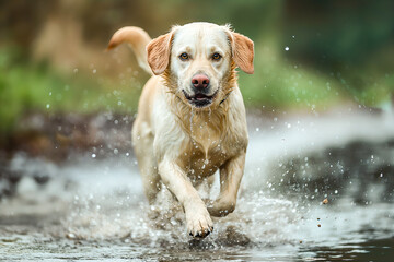 Wet dog is running water is dripping