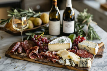 elegant wine display with a bottle of white wine, a glass and a charcuterie board with cold cuts and cheeses on a marble table,