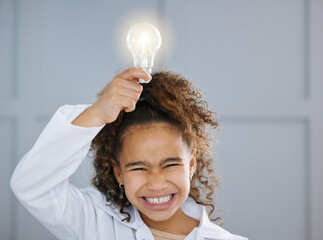 Lightbulb, girl and child portrait with idea for science solution, creative inspiration and happy...