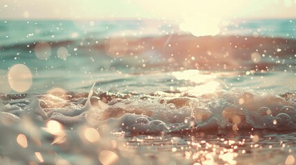 Obraz premium Blurred beach with bokeh sunlight and waves. Summer vacation and travel theme. Vintage tone filter.