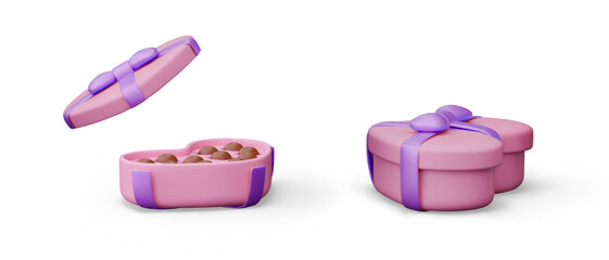 Closed and open box of chocolates. Classic sweets in romantic pink packaging