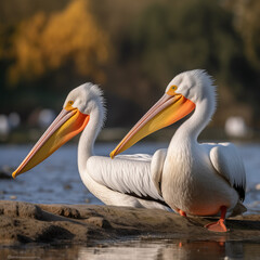 Dalmatian Pelicans Resting by the River in Natural Habitat