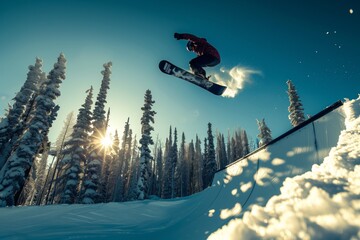 Enjoy a thrilling winter escapade snowboarding in a peaceful forest, gliding down snowy terrains with grand mountains in the backdrop. Embrace natures splendor and outdoor thrill