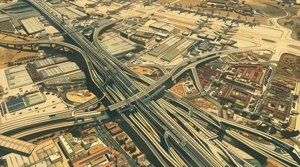 Obraz premium Illustrate Madrid's transport infrastructure, including its highways, railways, and busy airport terminals, in a comprehensive aerial view
