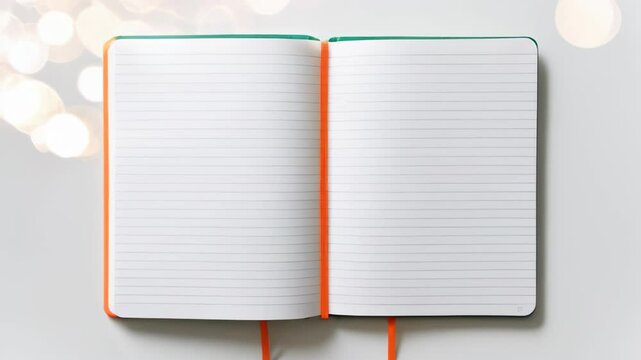 green and orange notebook opened to a blank page, placed on a light-colored surface with soft bokeh light effects in the background