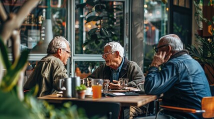 A group of retired friends discussing investment strategies over coffee, sharing insights and experiences to empower each other financially.