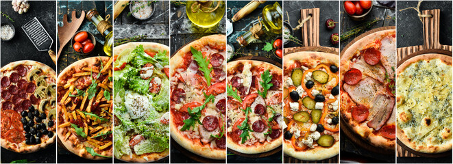 Photo collage. Pizza and various assortments of pizza, photo banner.