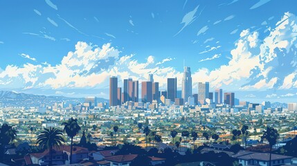 Illustrate the Los Angeles skyline against a backdrop of clear blue skies, with the bustling city below