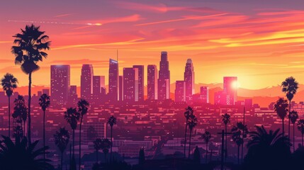 Illustrate the Los Angeles skyline with a cinematic feel, adding a touch of Hollywood glamour