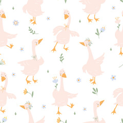 Geese seamless pattern. Cartoon goose characters print for fabric wrapping wallpaper. Baby textile design with cute birds, nowaday vector background