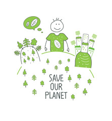 Vector hand drawn cartoon sketch of environmentally conscious human with green city with alternative energy resource and green forest. Eco-friendly planet concept.Think green.