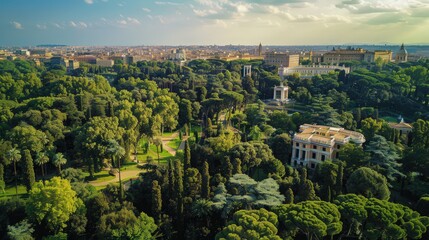 lush greenery of Villa Borghese Gardens in Rome, sprawling beneath the city skyline in a panoramic aerial composition