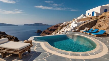 Fototapeta premium Santorini Infinity Pools Capture the luxurious infinity pools of Santorini overlooking the Aegean Sea. 