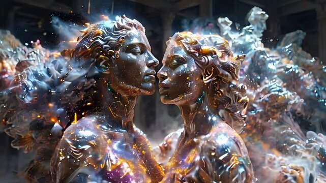 Marble colorful antique sculptures of man and woman on dark background. Concept of endless love, mythology, devotion, sacrifice, vamentine's day. AI generated