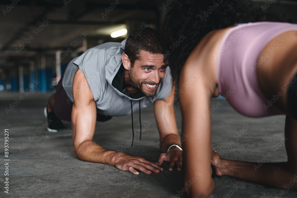 Canvas Prints Couple, fitness and push up for exercise outdoor, muscle development and balance support of training. Woman, man and workout progress, bodybuilder and cardio resilience of wellness performance