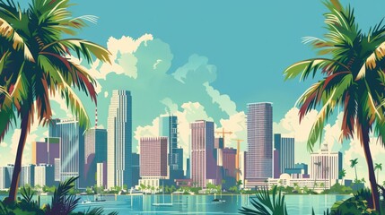 Illustrate the Miami skyline with palm trees in the foreground, blending urban and tropical elements