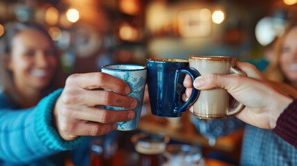 The friends toasting coffee mugs