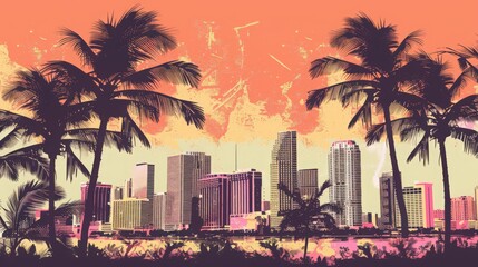 Illustrate the Miami skyline with palm trees in the foreground, blending urban and tropical elements