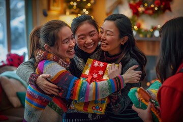 Naklejka premium Unwrapping gifts, delighting in festive moments with friends, and creating cherished memories at a cozy Christmas gathering filled with love, joy, and togetherness brings immense happiness and warmth