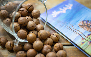 hazelnuts on a wooden background