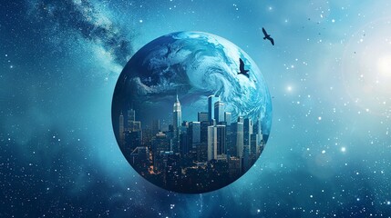 background image with ample white space for easy cropping. In the center, depict a blue planet with a cityscape on its dome. The city should feature sustainable architecture,generative ai