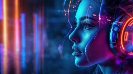 Neon headphones with vibrant futuristic background scene.