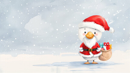 Cartoon Christmas Duck in Santa Hat Holding Presents. Merry Holiday Illustration with Cute Duck in Winter Scene. Adorable Duck Character with Gifts and Snow