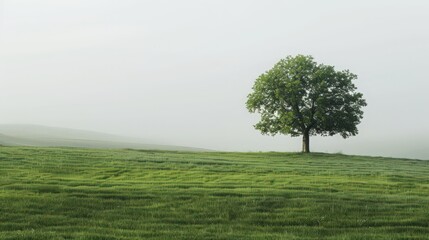 Fototapeta premium beauty of nature with a solitary tree standing in a serene meadow of green grass, reflecting the peacefulness of the countryside.