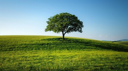 Fototapeta premium beauty of nature with a solitary tree standing in a serene meadow of green grass, reflecting the peacefulness of the countryside.