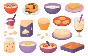 Oatmeal breakfast. Oat flakes box, porridge with berries and fruits. Plant milk pancakes muffin and pita with salmon. Healthy food neoteric vector set