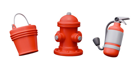 Red metal bucket, fire hydrant, fire extinguisher with wide nozzle
