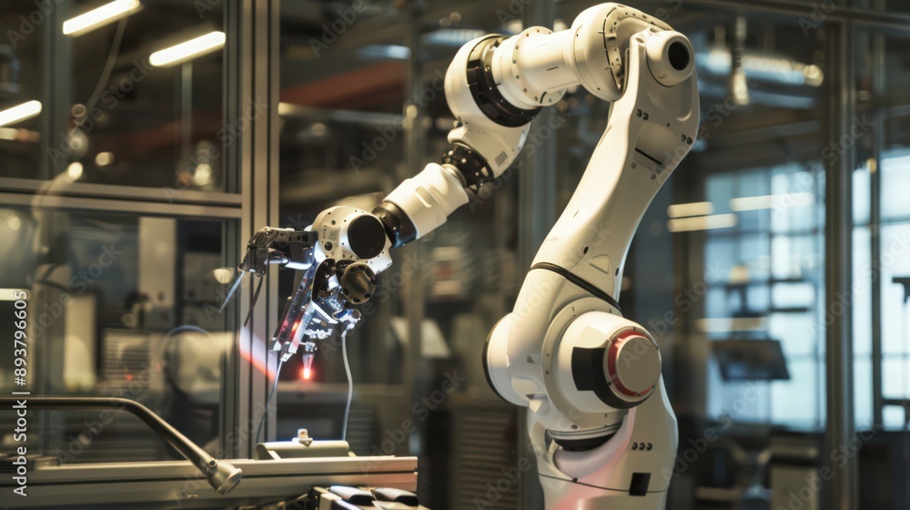Poster factory equipped with ai-powered robotic arms capable of intricate assembly tasks with high precisio