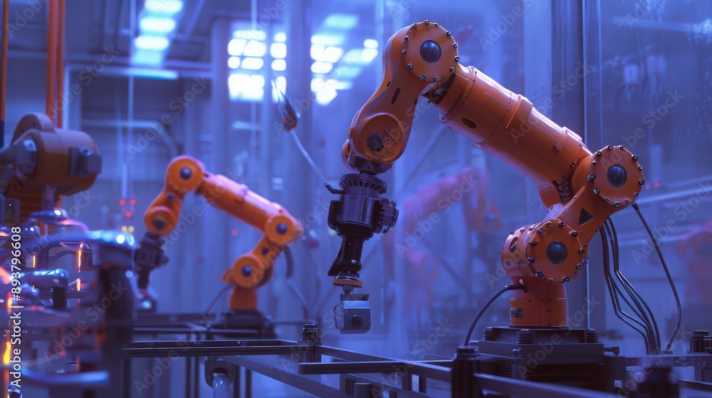 Poster factory equipped with ai-powered robotic arms capable of intricate assembly tasks with high precisio