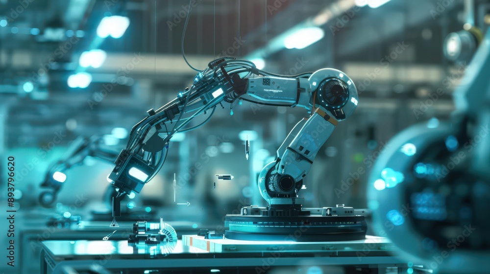 Poster factory equipped with ai-powered robotic arms capable of intricate assembly tasks with high precisio