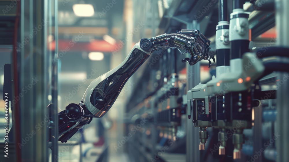 Poster factory equipped with ai-powered robotic arms capable of intricate assembly tasks with high precisio
