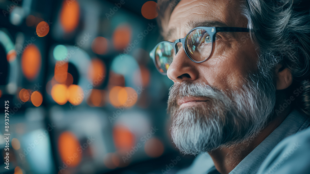 Poster the visionary: a contemplative portrait of a mature man with a gray beard and glasses, his thoughtfu
