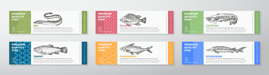 Fish Seafood Vector Packaging Label Design Collection Modern Typography and Hand Drawn Eel, Trout, Catfish, Pangasius, Sturgeon and Tilapia Product Background Layouts Set