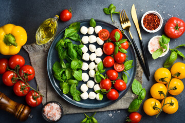 Colorful salad with tomatoes, mozzarella cheese and basil. Caprese salad.
