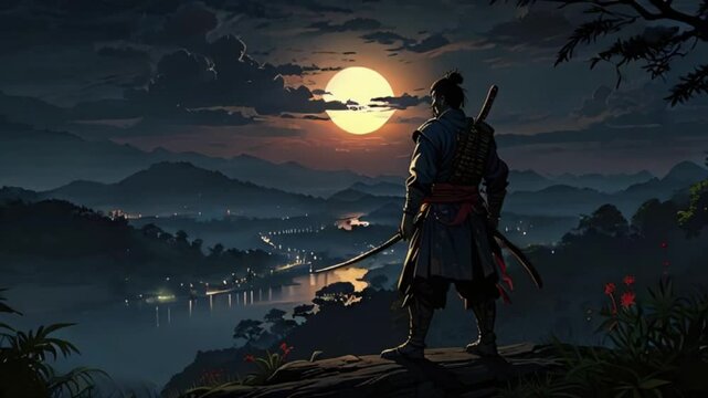 Samurai ronin stands tall on a hill with a view of the city at night with a full moon. Seamless looping 4k video animation