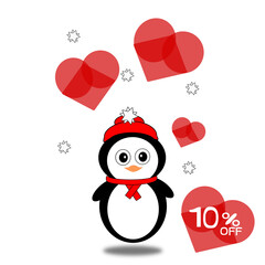 10% off heart, illustration of penguin with scarf and red beanie floating with red hearts and snow, ten percent.