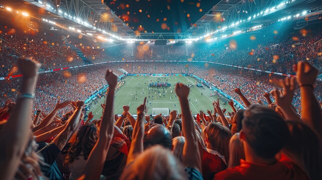 Fan Celebrating in Full Football Stadium at Night